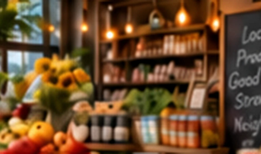Warmly lit market with produce and shelves of goods